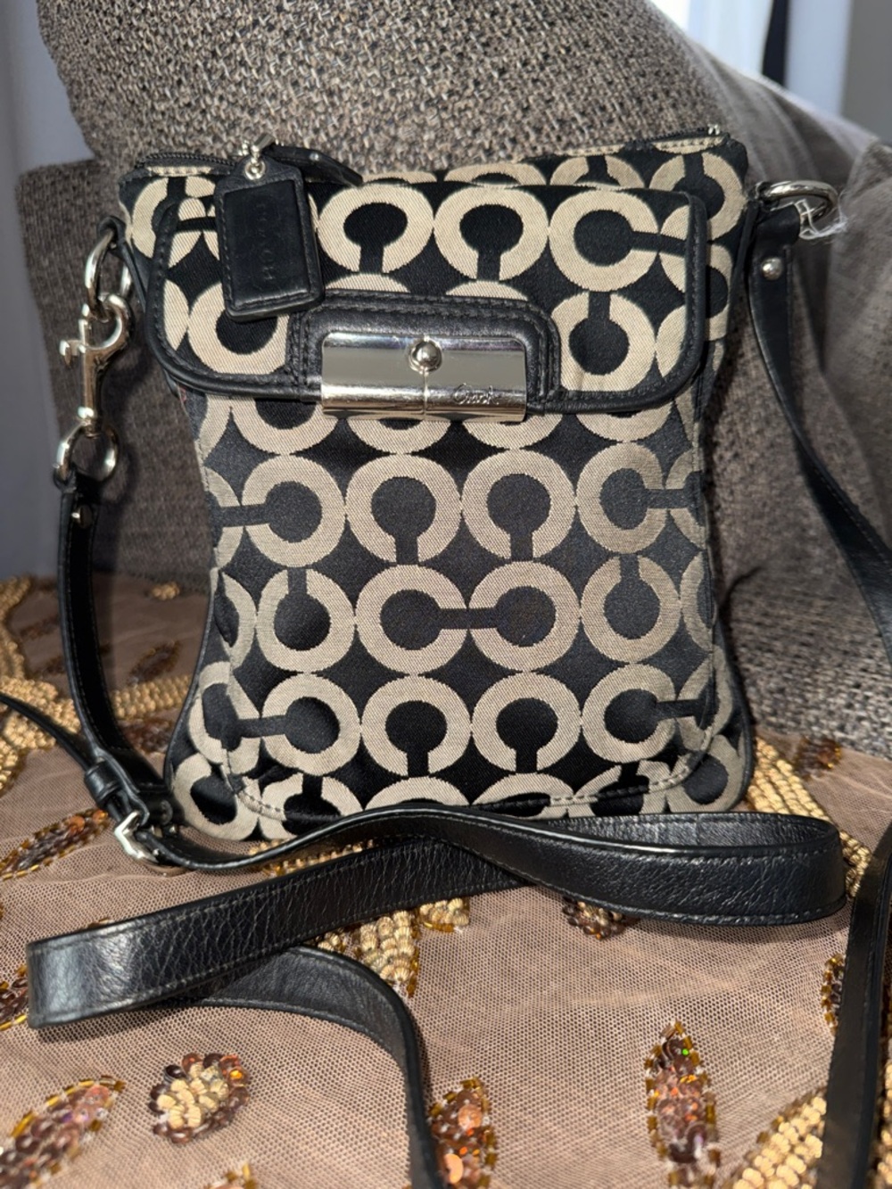 Coach Black & Cream Signature Crossbody Pouch